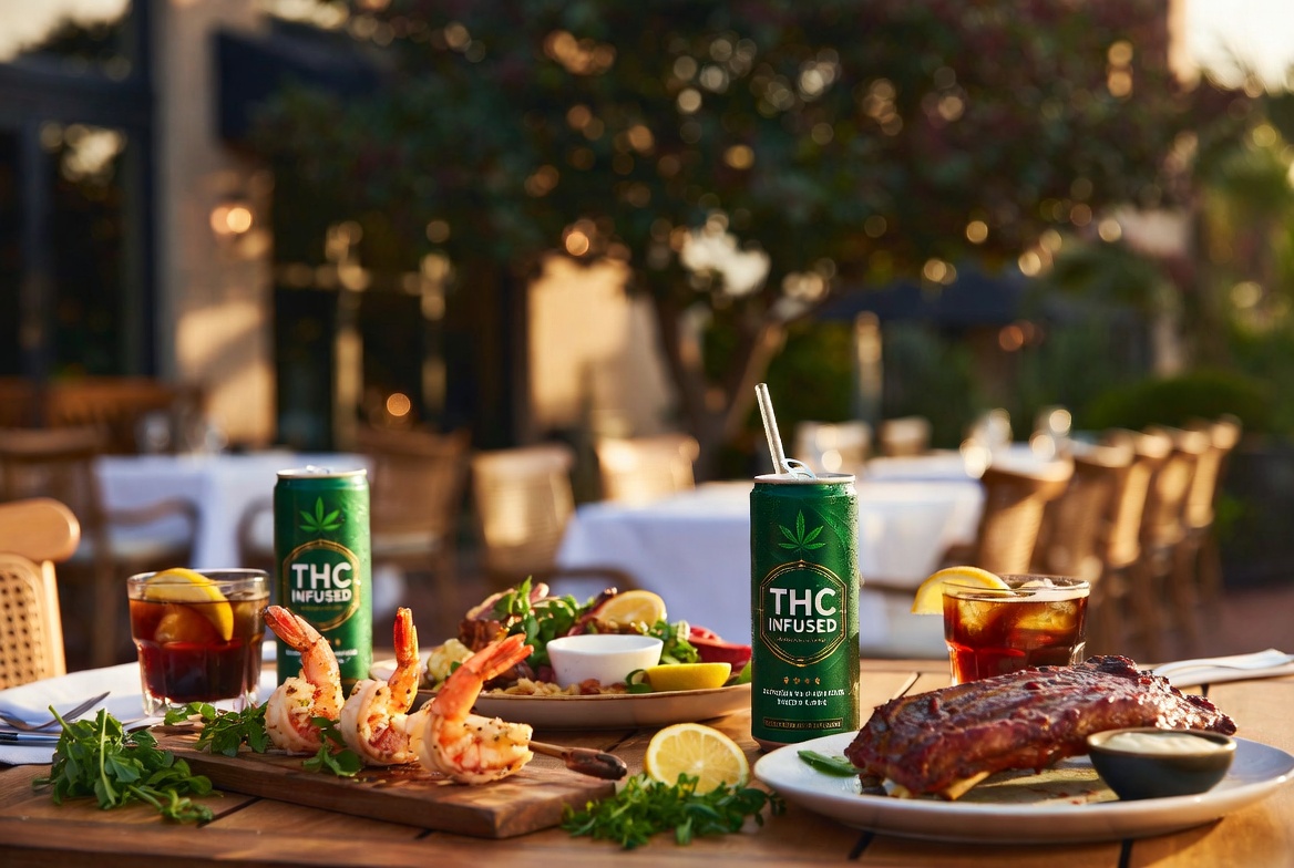 Last Call THC-infused drinks paired with grilled shrimp, BBQ ribs, and salad at an outdoor table